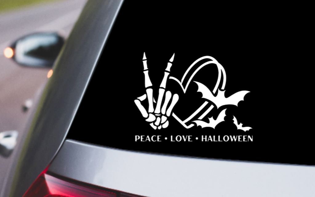SKELETON HAND Peace Love and Halloween with Bats DECAL Skeleton Hand Halloween Vinyl Car Decal Computer Vinyl Decal
