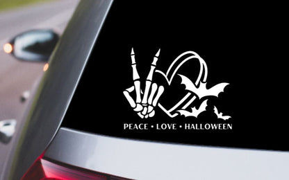 SKELETON HAND Peace Love and Halloween with Bats DECAL Skeleton Hand Halloween Vinyl Car Decal Computer Vinyl Decal