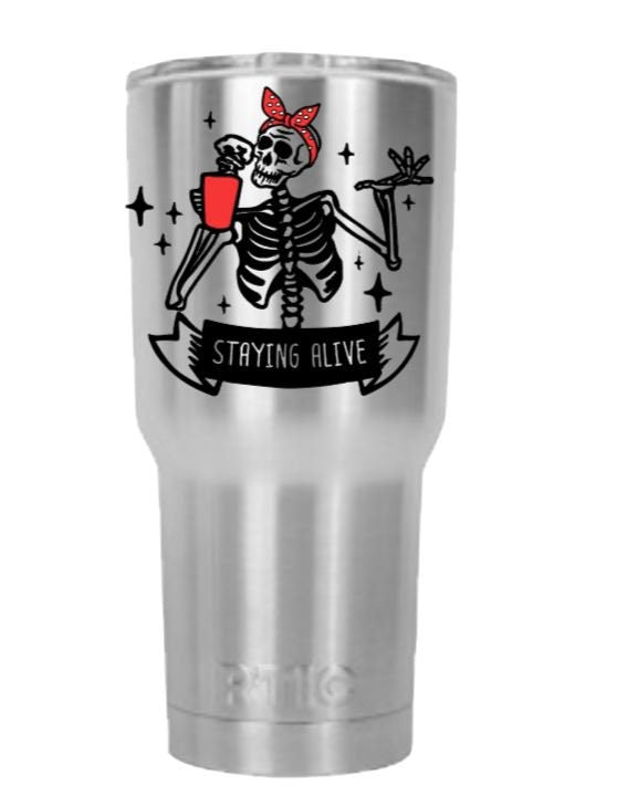 Staying Alive" Skeleton Vinyl Decal – Humorous Coffee drinking skeleton wearing a bandana - Fun Car and Laptop Decor Vinyl Decal