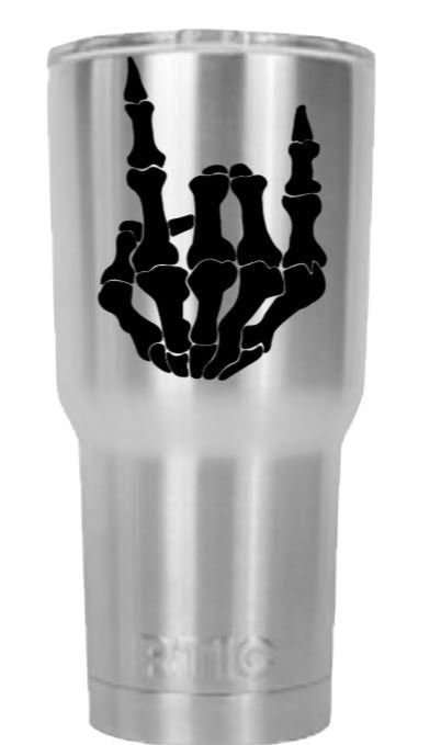 Skeleton Hand Rock On Vinyl Decal – Halloween Skeleton Gesture Sticker – Spooky Car and Computer Decor