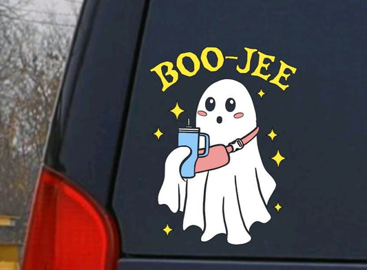 VINYL Decal | BOO-Jee Ghost with Water Bottle and Crossbody/Sling Purse Decal |Funny Ghost Vinyl Sticker | Window Decal Computer Decal