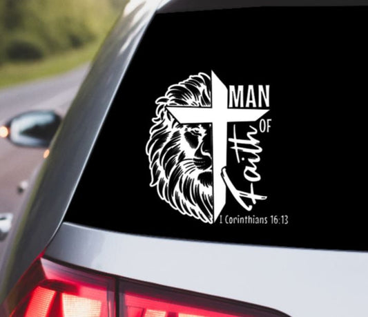 VINYL Car Decal | Man of Faith with Lion Decal | 1 Corinthians 16:13 | Religious Decal | Christian Decal | God Jesus | Faith Decal
