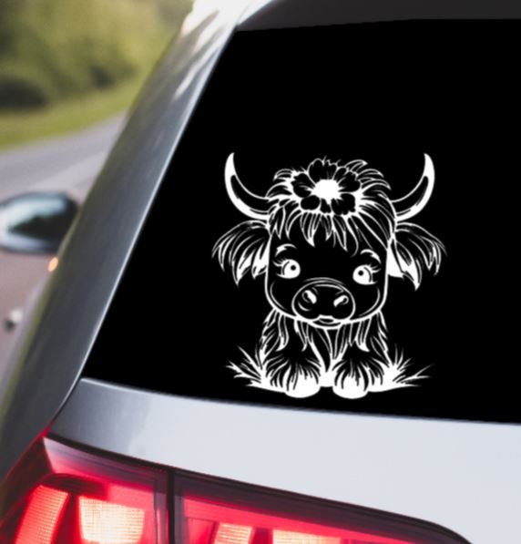 VINYL Car Decal | HIGHLAND COW Decal | Highland Baby Cow | Calf Country Decal | Scottish Highland Cow | Rustic Cow | Computer Car Window