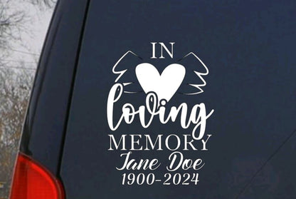 Vinyl Decal | IN LOVING MEMORY With Heart & Wings | Memorial Decal for Family and Friends | Bereavement Decal | Personalized Memorial  Decal