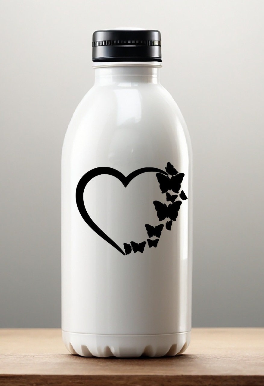 Outline Heart with Butterflies Flying Vinyl Decal for water bottles, car windows, and computers. Customizable, high-quality outdoor-rated vinyl made in the USA.