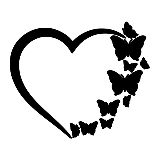 Outline Heart with Butterflies Flying Vinyl Decal for water bottles, car windows, and computers. Customizable, high-quality outdoor-rated vinyl made in the USA.