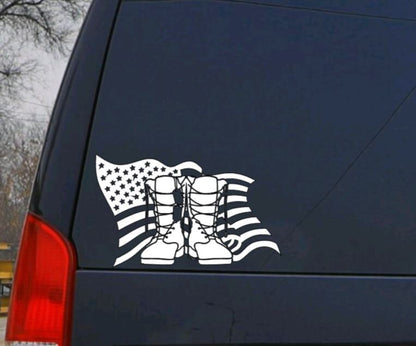 American Flag, Service Boots, and Dog Tag Vinyl Decal | Patriotic USA Decal for Car, Window, Laptop
