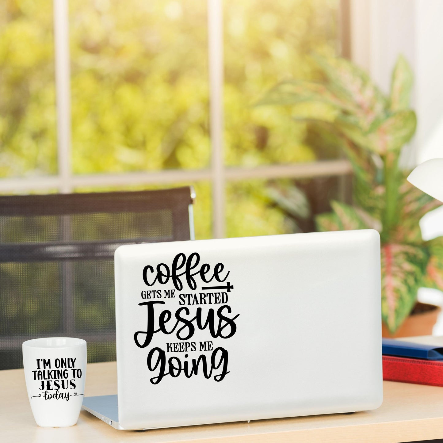 COFFEE Gets Me Started, Jesus Keeps Me Going Vinyl Decal | Religious Christian Decal for Car Window, Mug, Laptop, or Water Bottle