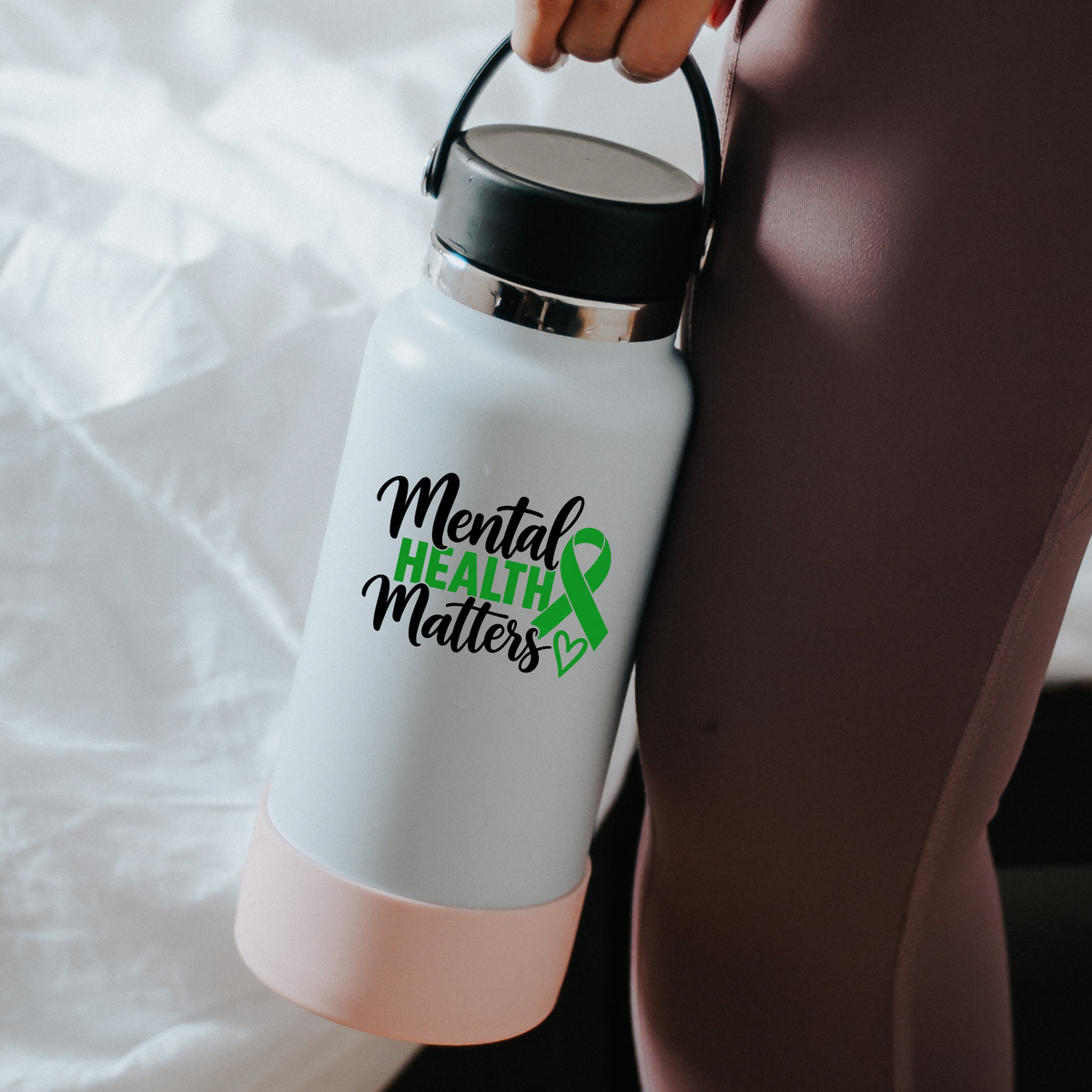 Mental Health Matters decal shown on a water bottle; bottle not included