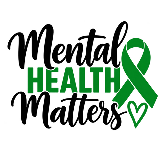 Mental Health Matters vinyl decal with green ribbon and heart